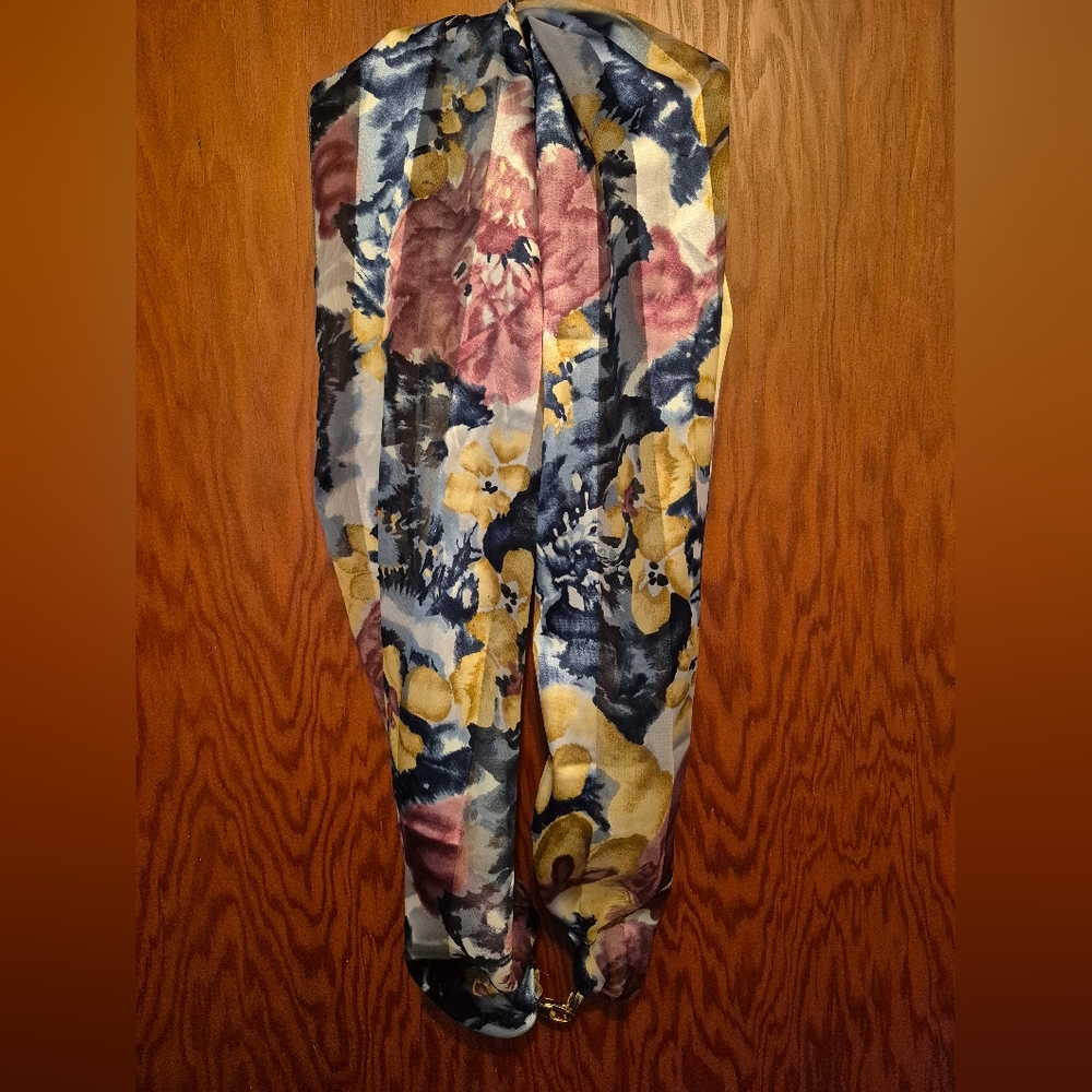 Floral Print Scarf with Pink and Yellow Accents and Gold Tone Clasps